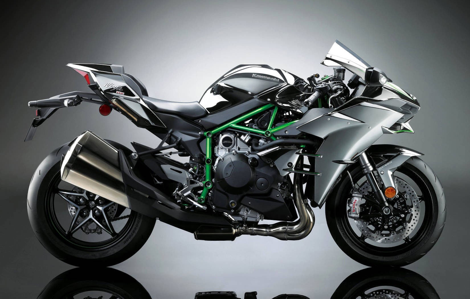 Black and green sports bike wallpaper, Kawasaki Ninja H2R, motorcycle, transportation
