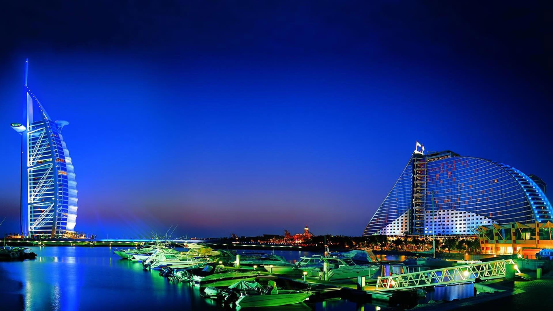 Dubai wallpaper, night sky, cityscape, skyscraper, city lights, bay, boats