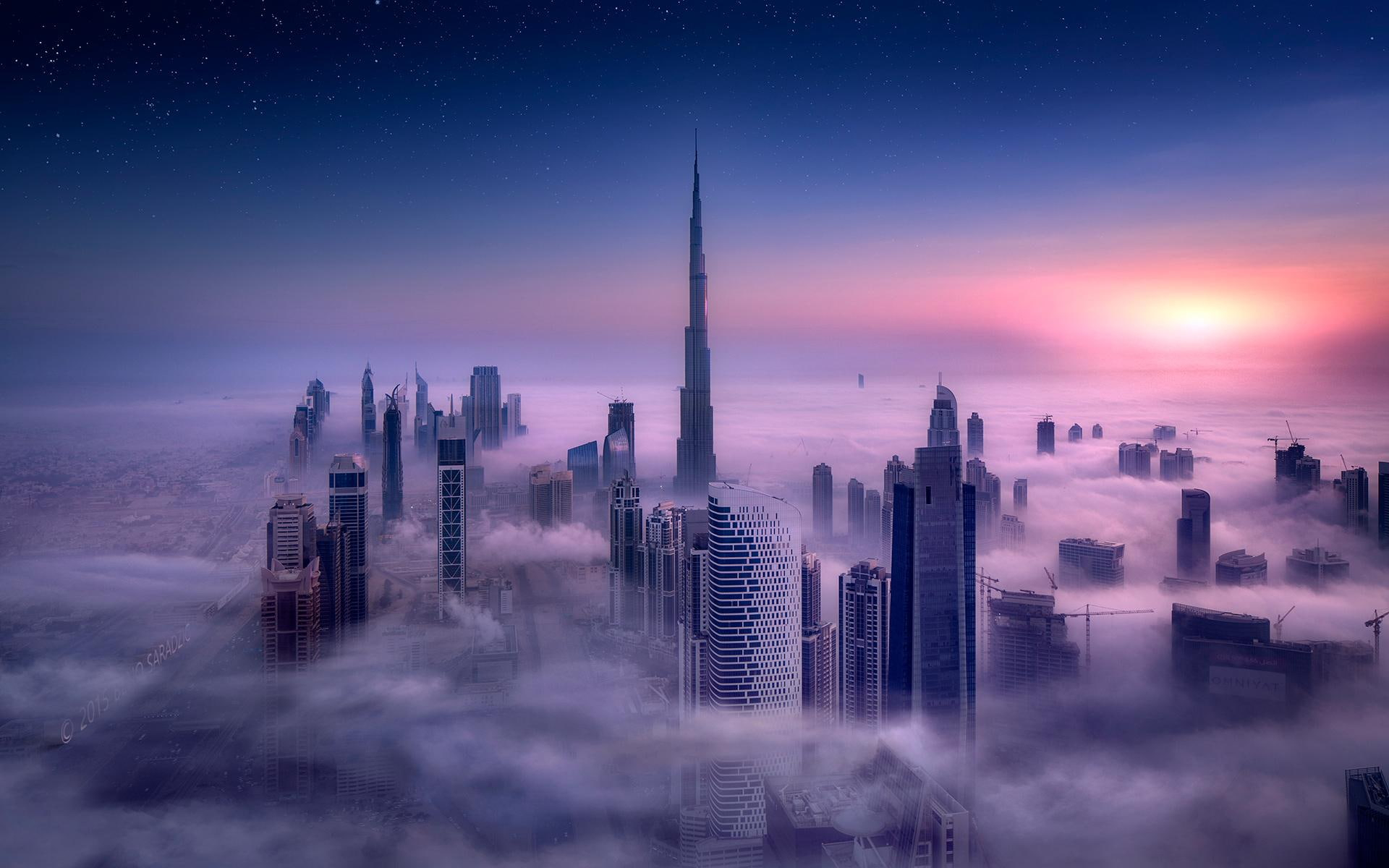 Cityscape wallpaper, Burj Khalifa, Dubai, City, Sunrise, Mist, Skyscraper, Building, Long Exposure, Tower, Clouds, Sky