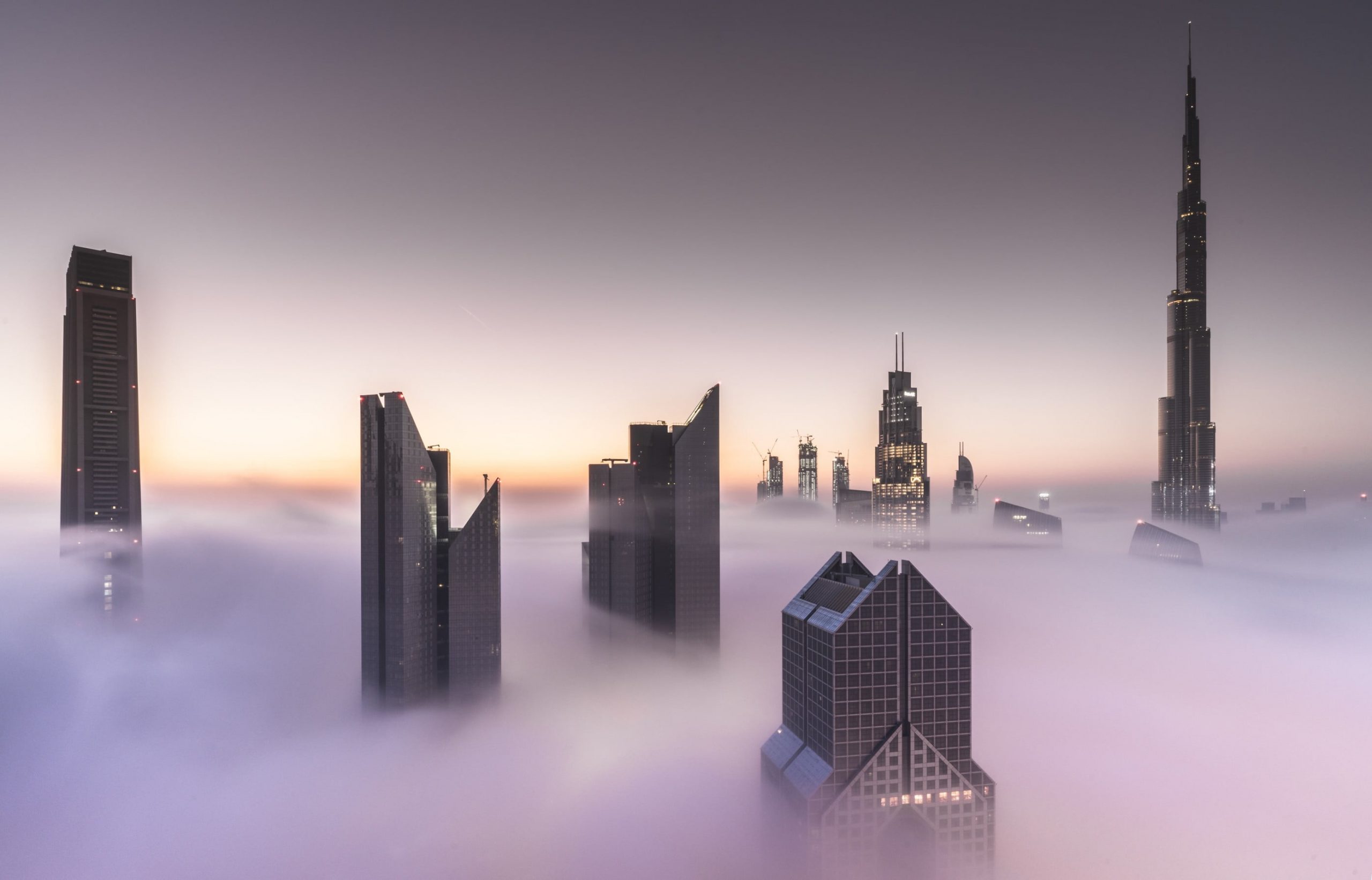Grey highrise building wallpaper, Dubai, cityscape, mist, Burj Khalifa