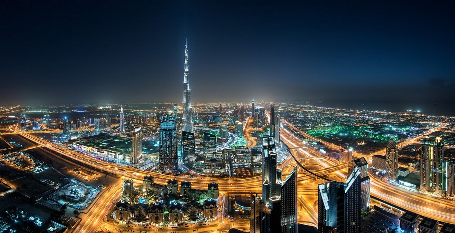 Cityscape wallpaper, Dubai, Skyscraper, Night, Lights, Mist, United Arab Emirates, Highway, Burj Khalifa, Architecture, City