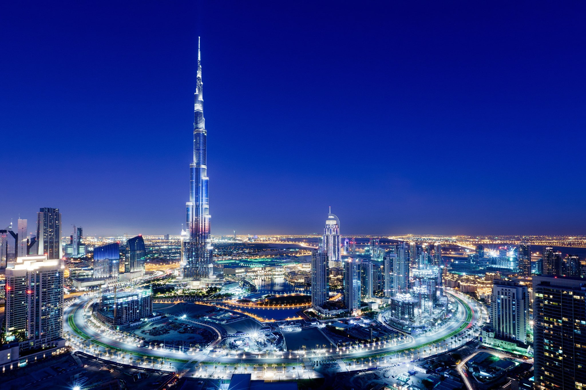 UAE city of Dubai wallpaper, burj khalifa building, lights, Night