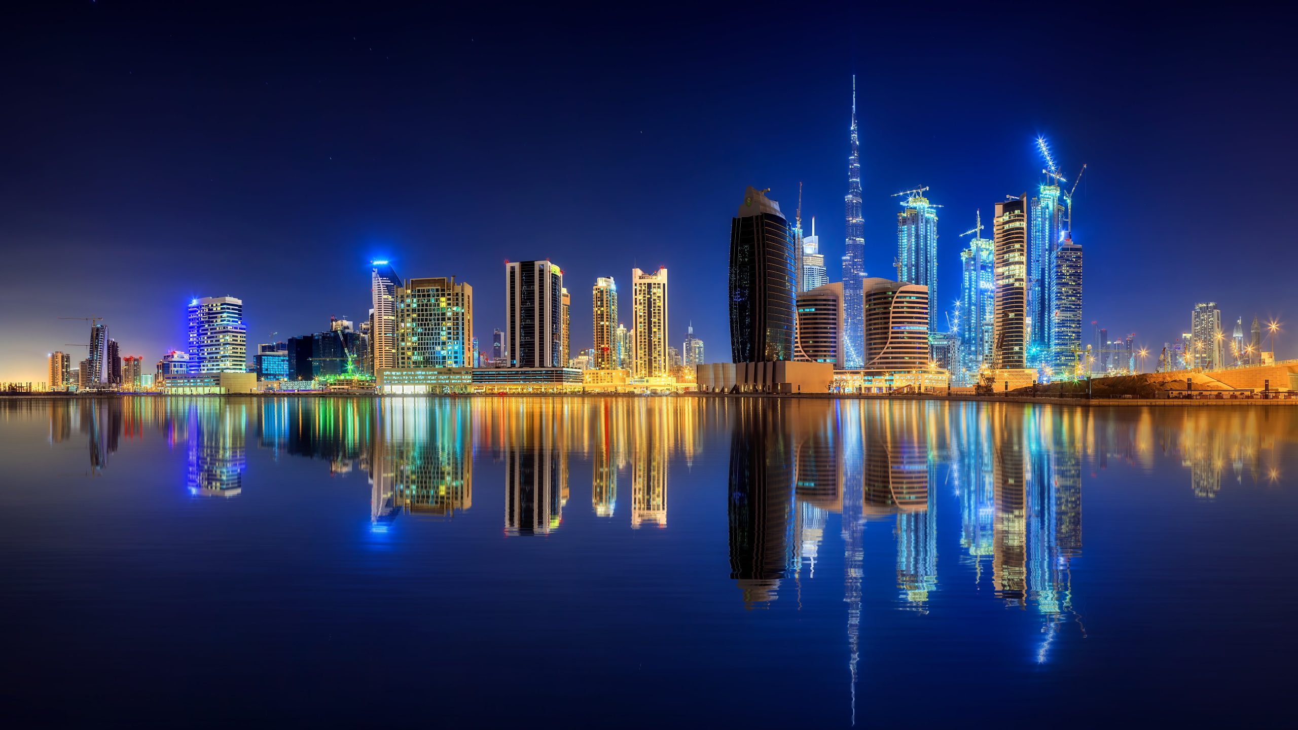 Dubai wallpaper, city lights, 8k, uae, downtown, water, united arab emirates