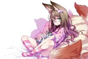 Female anime character holding cat wallpaper, anime girls, fox girl, animal ears