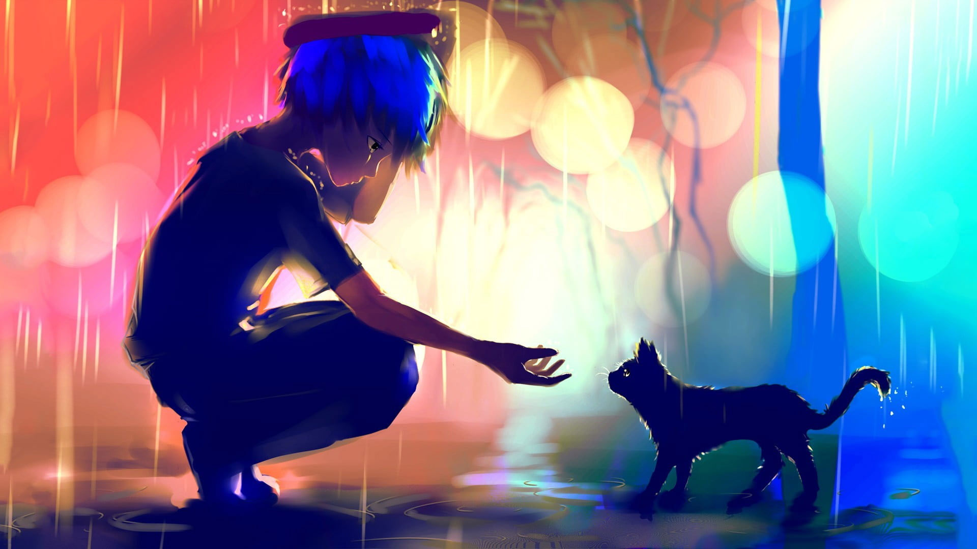 Boy in the rain about to hold the cat digital wallpaper, blue haired anime boy painting