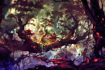 Fantasy art wallpaper, fan art, artwork, trees, plants, landscape, nature