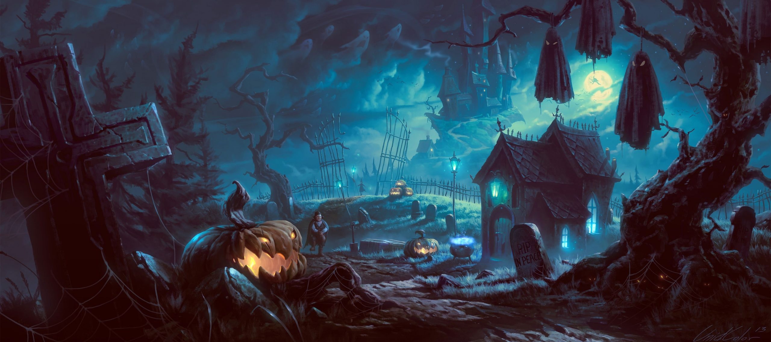 Black haunted house digital wallpaper, artwork, fantasy art, Halloween