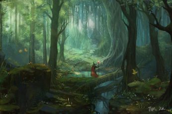 Wizard illustration wallpaper, fantasy art, forest, trees, stairs, one person