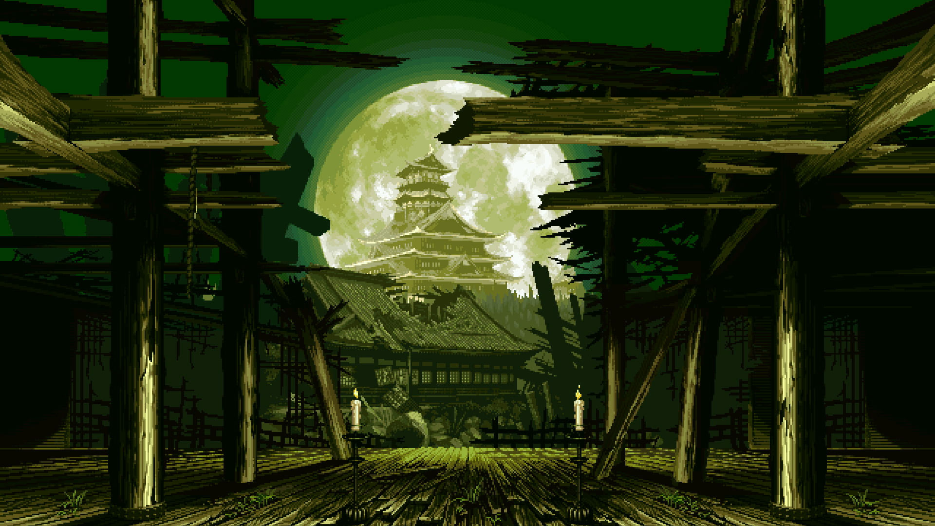 Temple with full moon digital wallpaper, digital art, pixel art