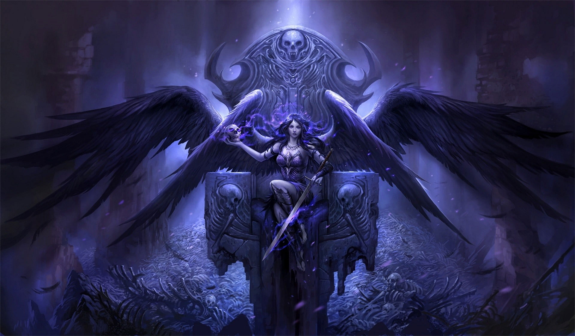 Fantasy art wallpaper, artwork, throne, sword, skull, spooky, digital composite
