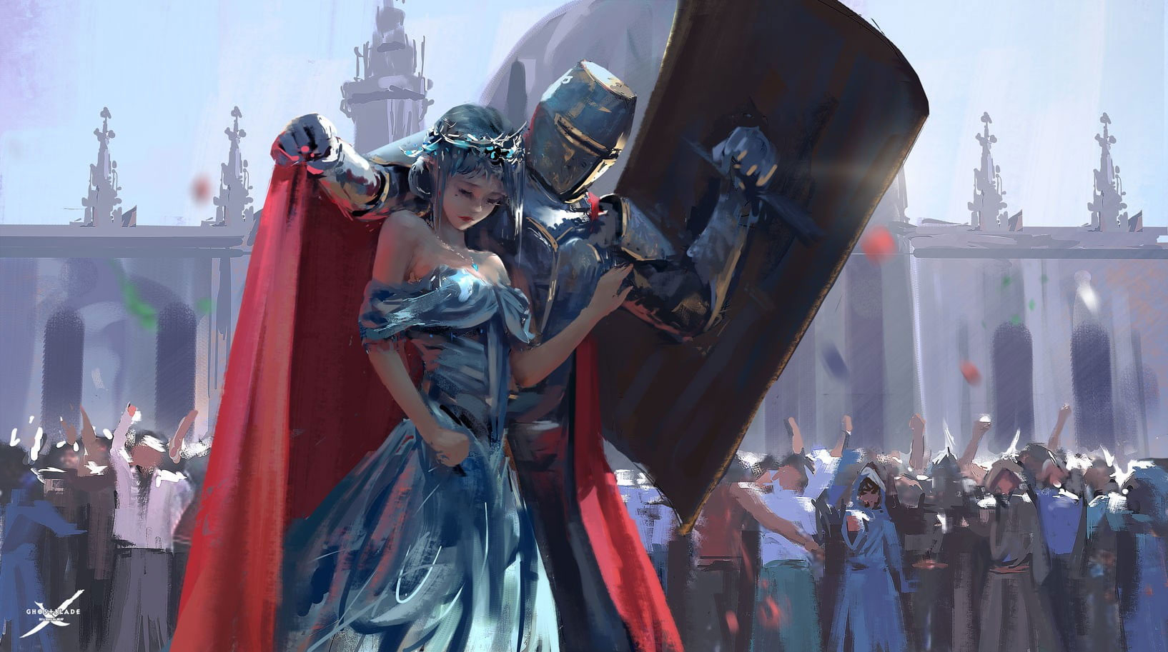 Knight armor and woman digital wallpaper