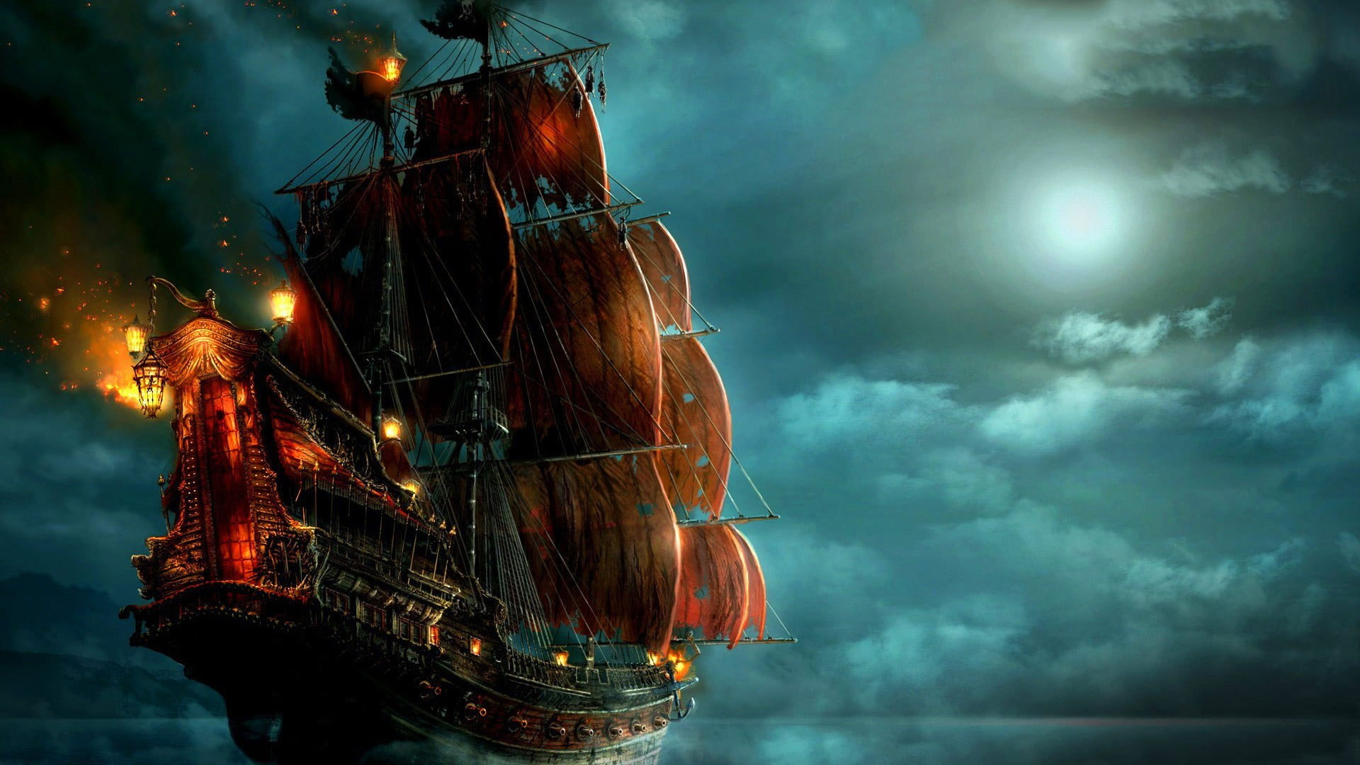 Black and red pirate ship wallpaper, pirates, night, sailing ship