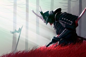 Samurai digital wallpaper, sword, blood, fantasy, armor, weapon