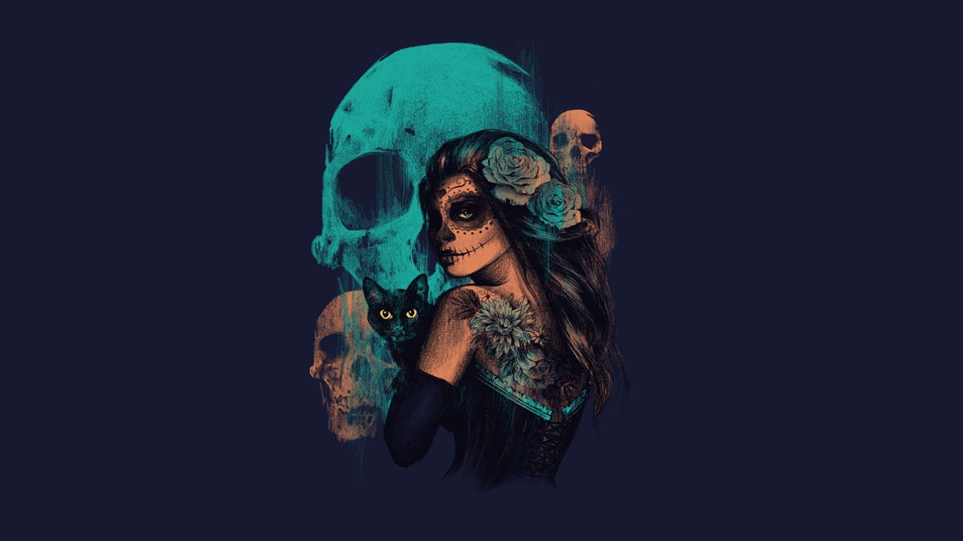 Teal skull and woman wallpaper, women, Sugar Skull, artwork