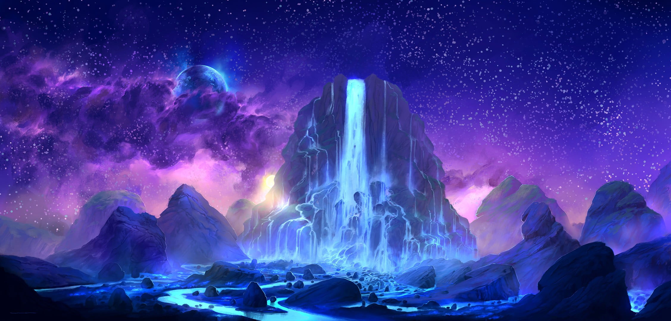 Mountain and waterfall wallpaper, digital art, fantasy art