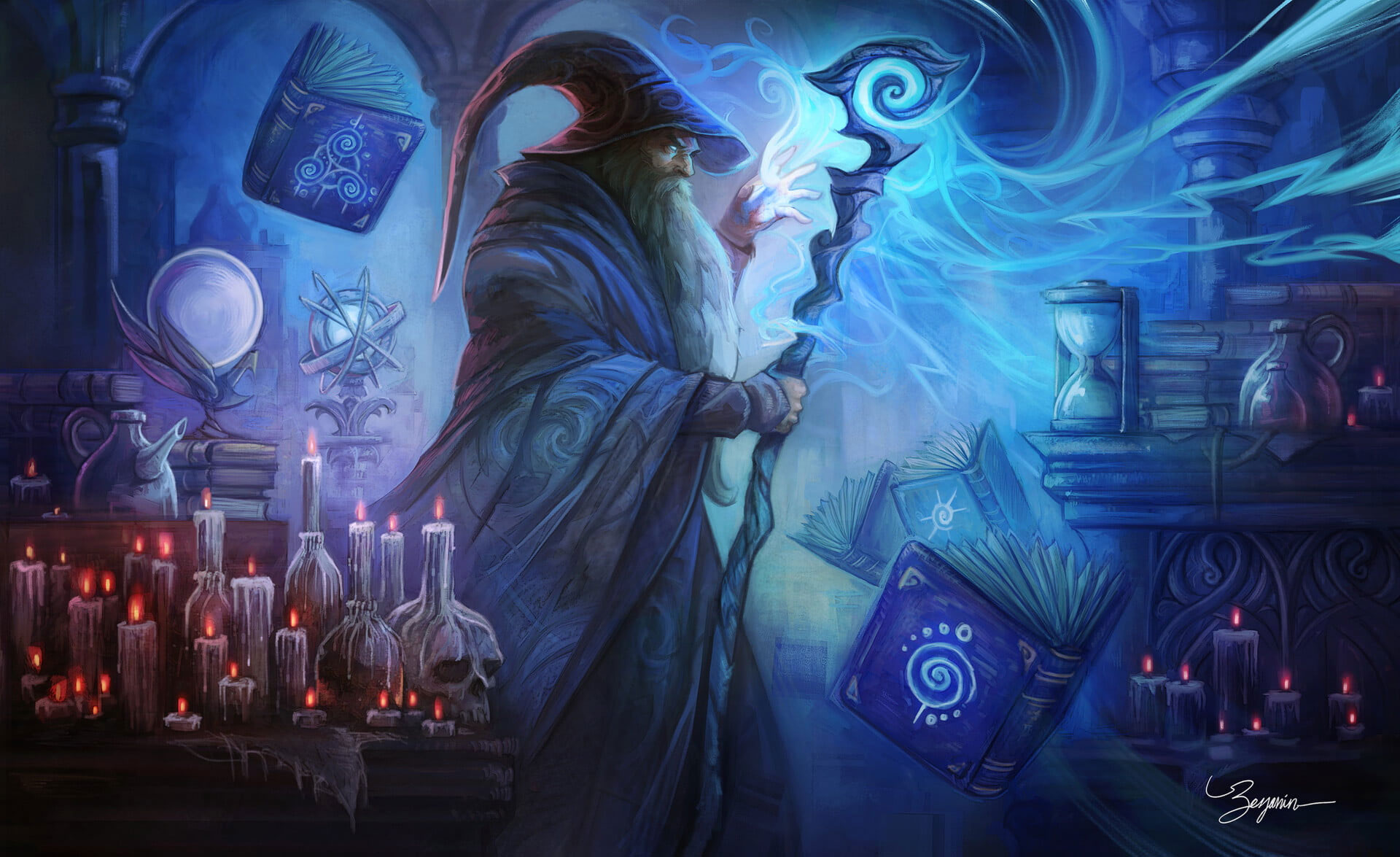 Fantasy wallpaper, Wizard, Book, Candle, Magic, Man, Skull