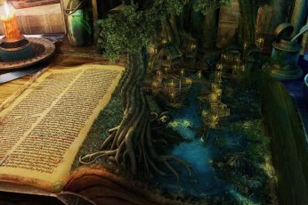 Opened book with trees and houses painting wallpaper, digital art, fantasy art