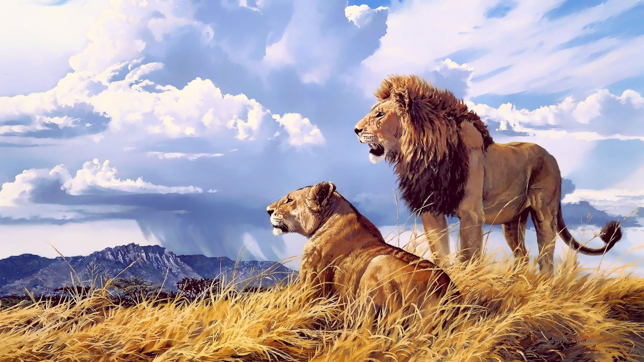 Lion and lioness wallpaper, animals, artwork, nature, big cats, clouds