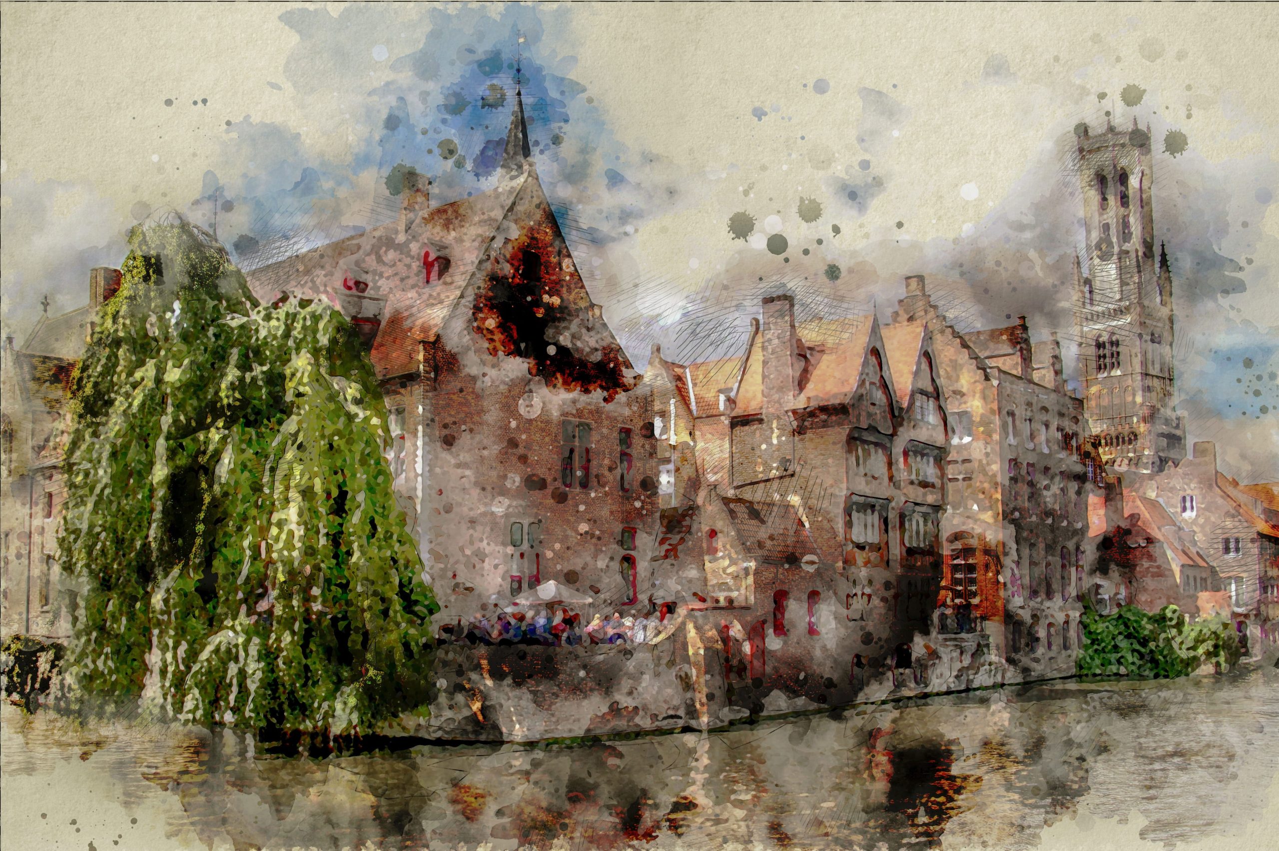 Closeup photo of brown house near body of water painting wallpaper, belfry