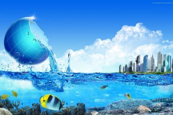 Fishes under water with cityscape above digital wallpaper, fantasy art