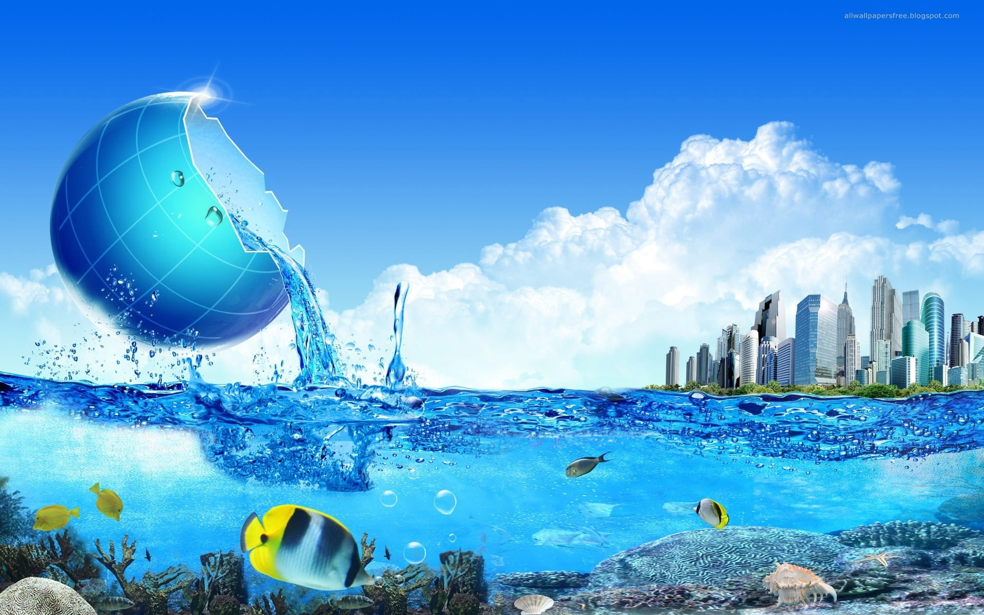 Fishes under water with cityscape above digital wallpaper, fantasy art