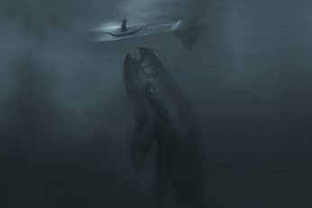 Body of water and fish animation wallpaper, fantasy art, spooky