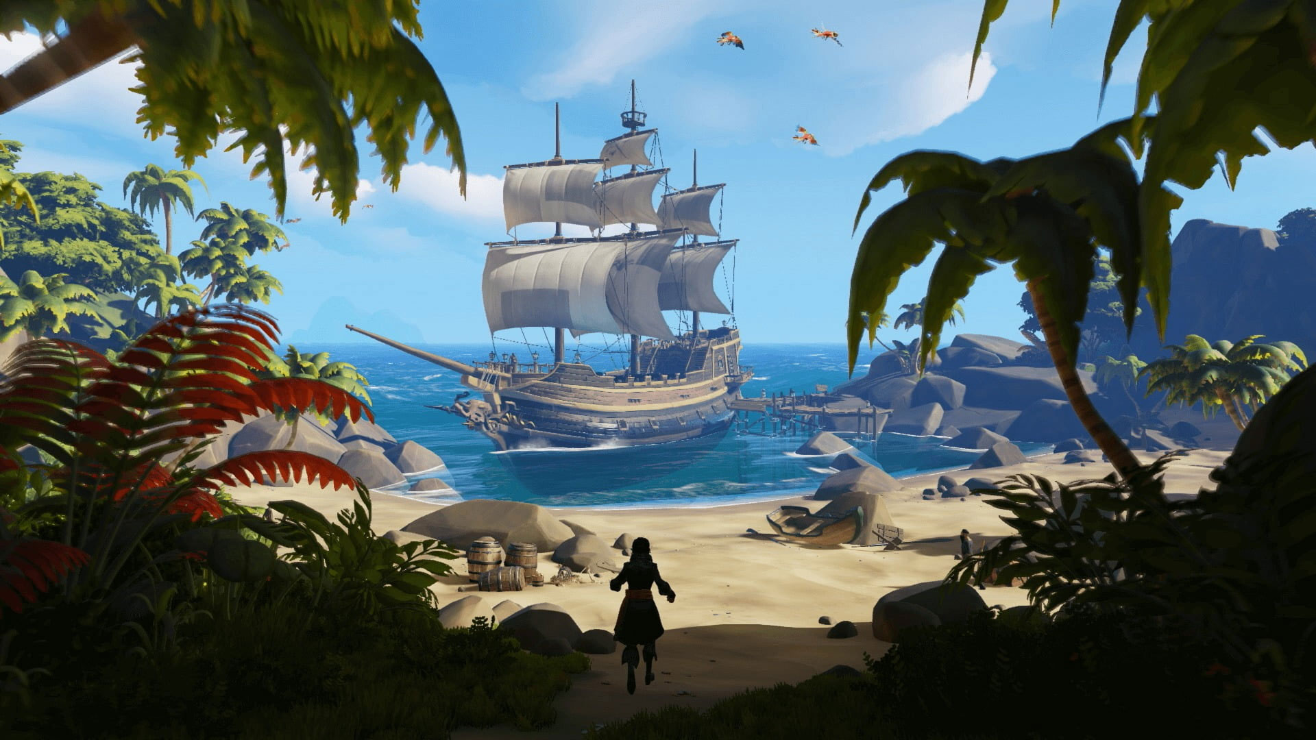Brown ship on shore illustration wallpaper, video games, pirates, Sea of Thieves