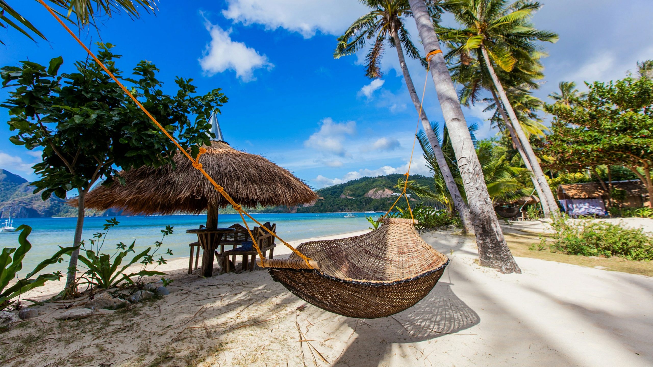 Resort wallpaper, sandy beach, palapa, parasol, braided hammock, philippines