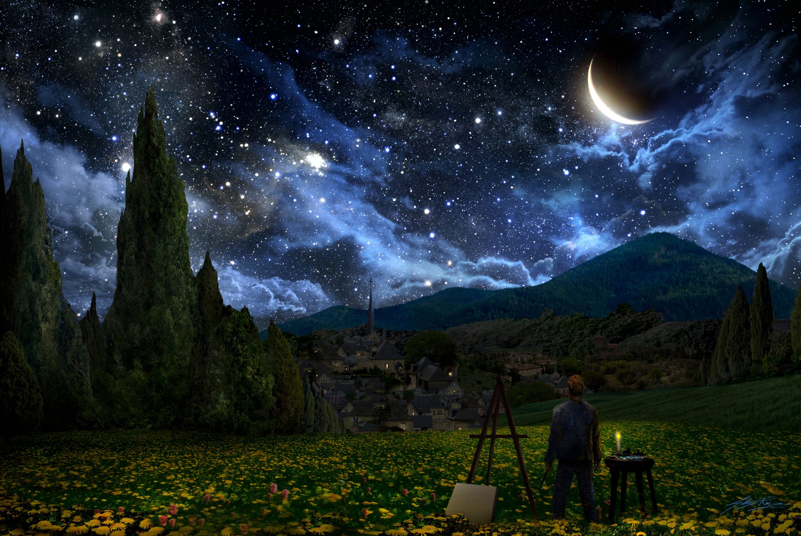 Man beside canvas with view of flower field under starry sky painting wallpaper