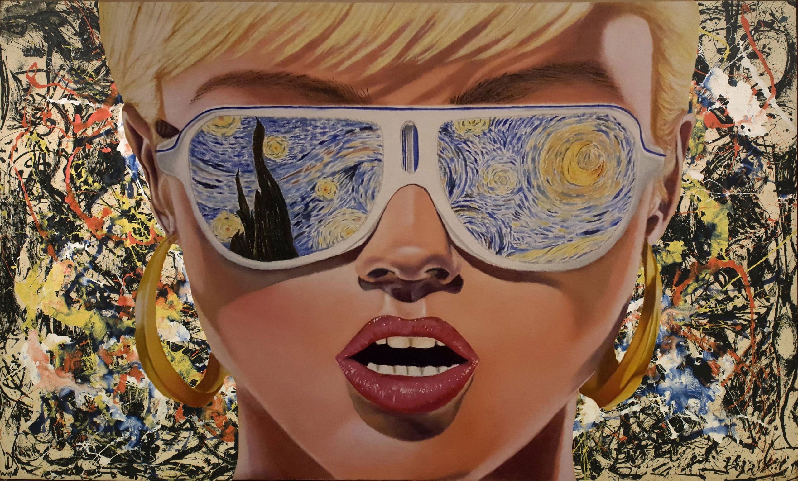 Woman wearing Starry Night by Vincent Van Gogh sunglasses, blonde wallpaper