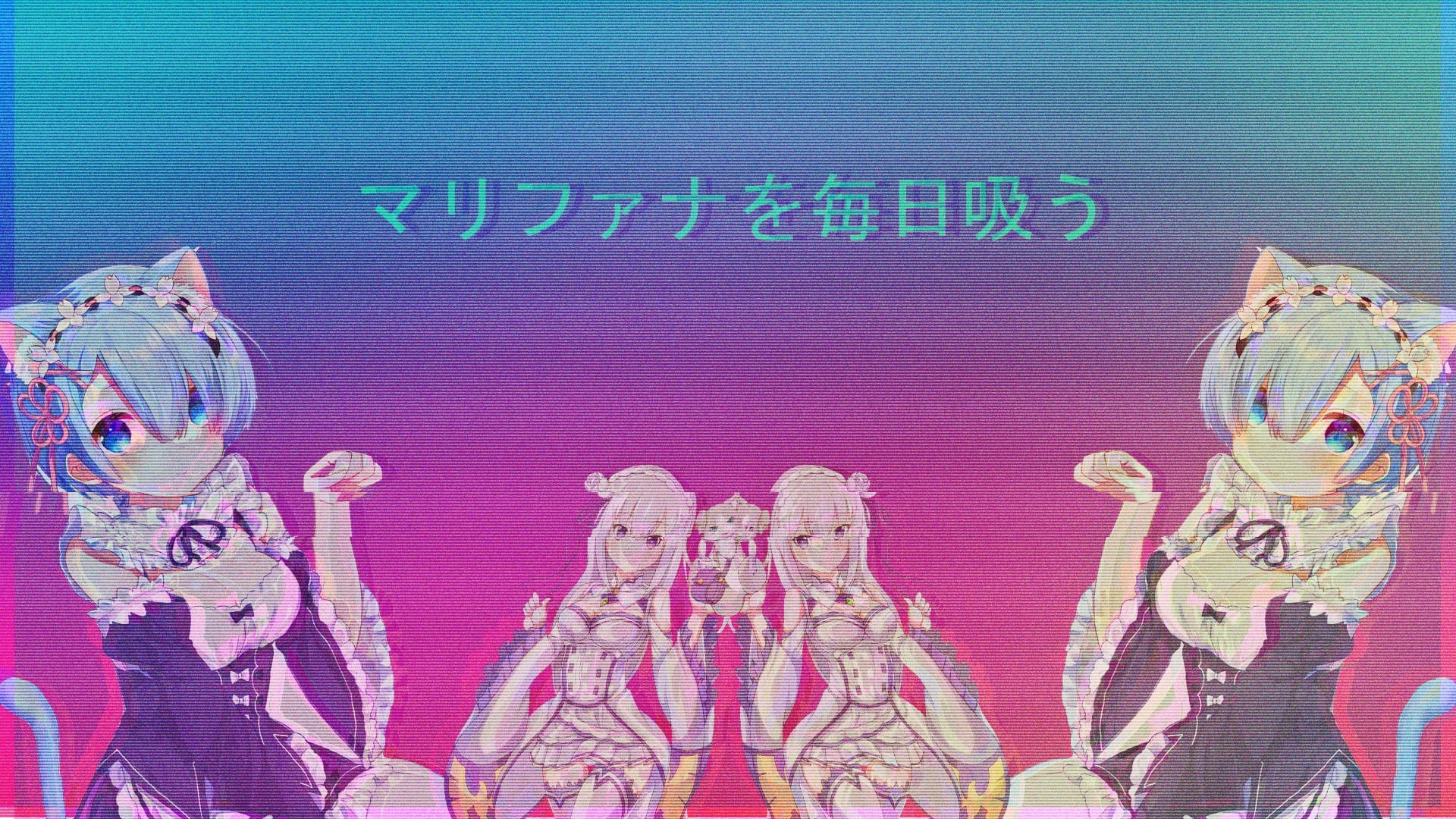 Blue-haired female anime character wallpaper, vaporwave, glitch art