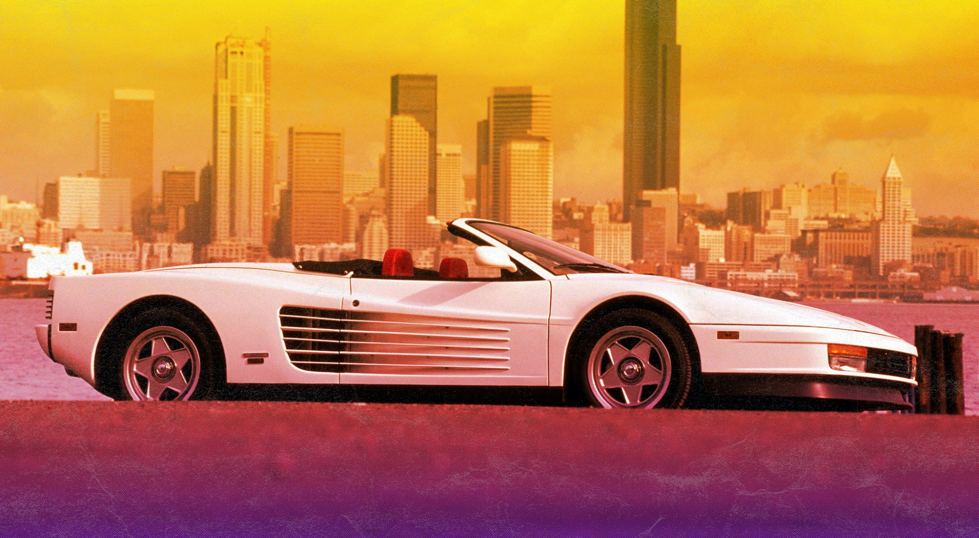 The city wallpaper, Ferrari, 80s, Testarossa, VHS, 80's, Synth, Retrowave