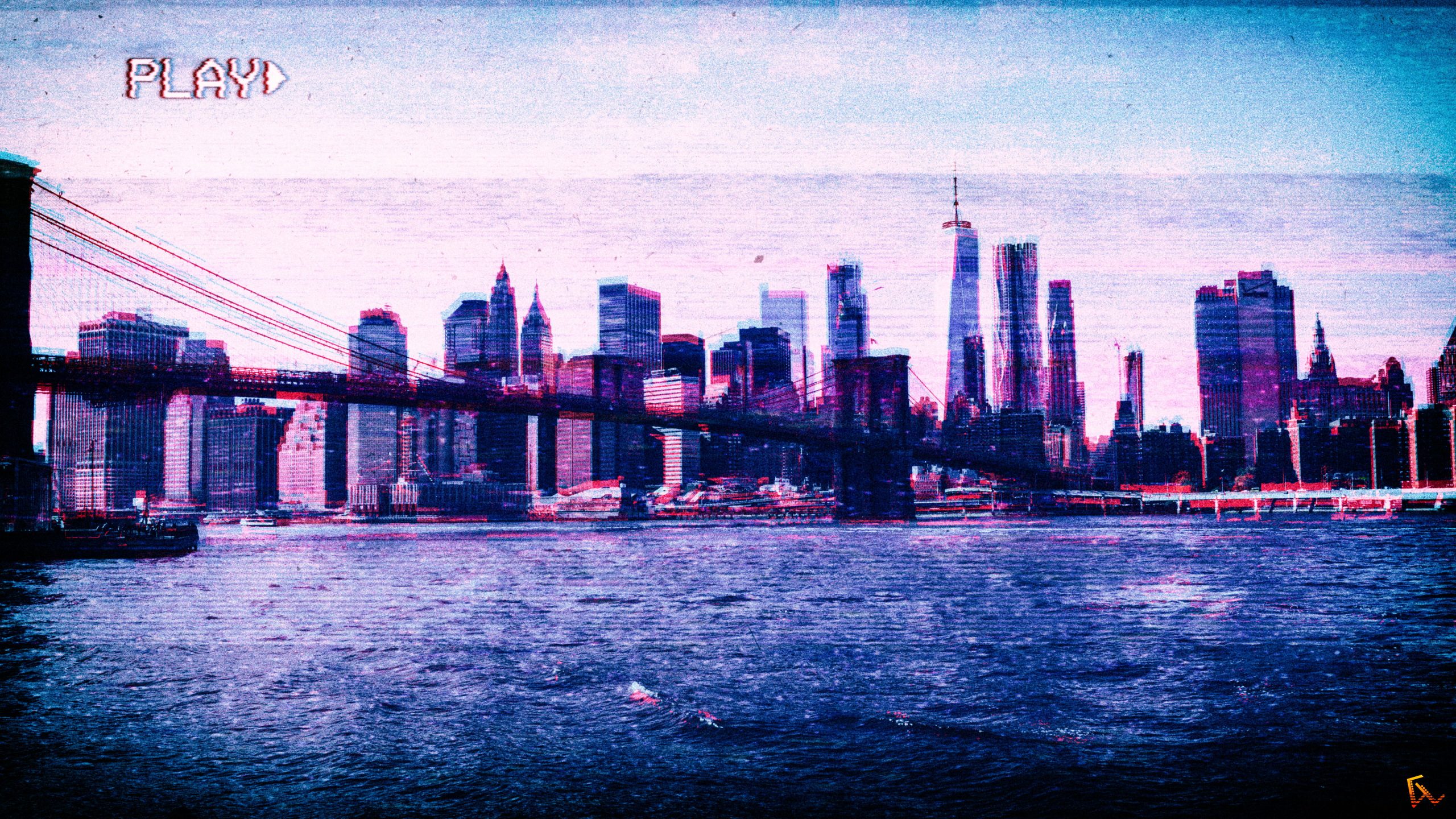 Brooklyn Bridge wallpaper, New York City, VHS, vaporwave, Photoshop, glitch art