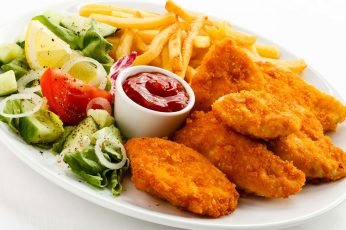 Chicken fillet with fries and dip wallpaper, fried chicken, French fries