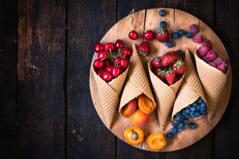 Fruits wallpaper, food, wooden surface, Sugar Cones, food and drink