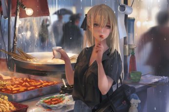 Anime girls wallpaper, anime girls eating, original characters, blonde