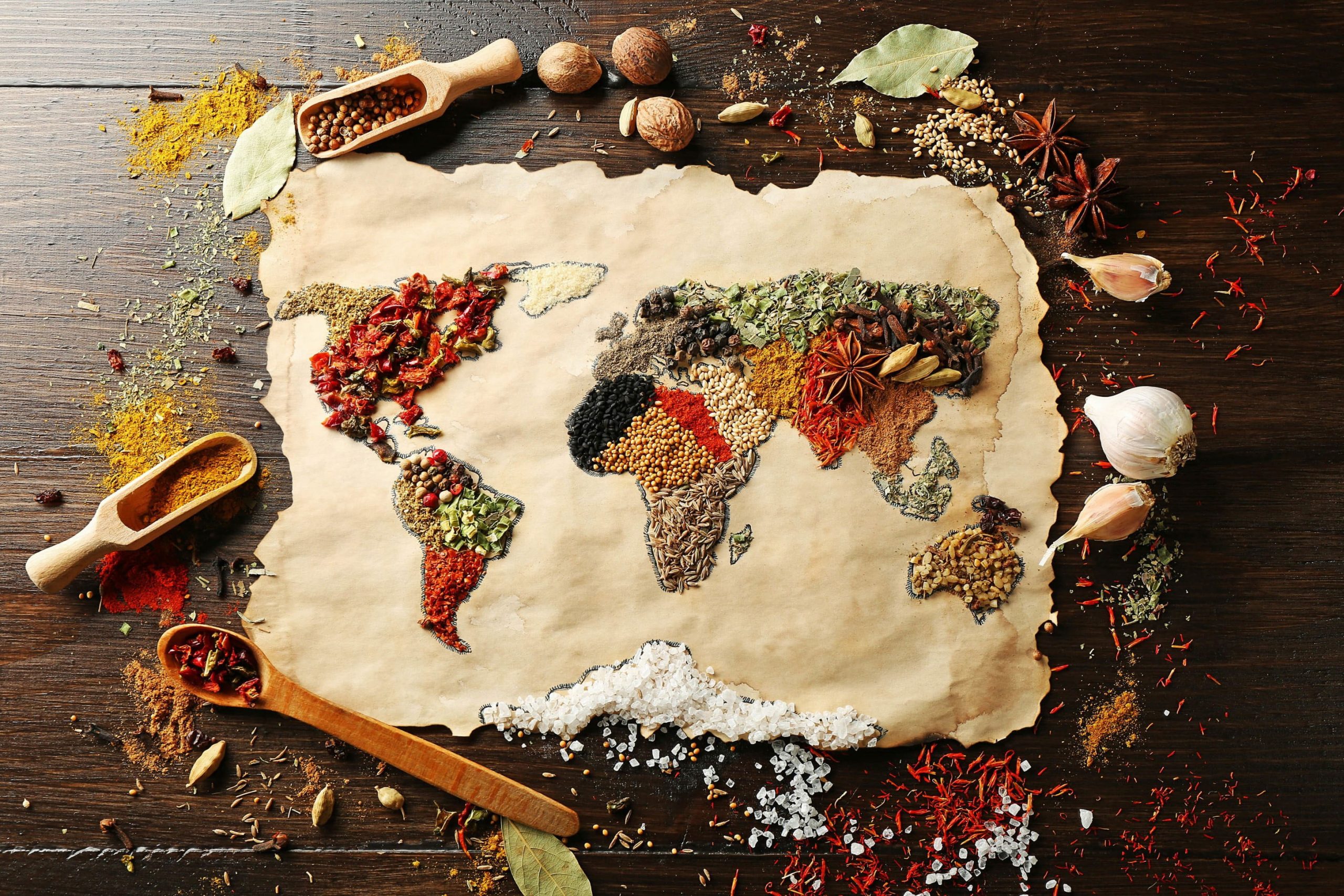 Assorted-color spicies world map artwork wallpaper, spices, food, indoors