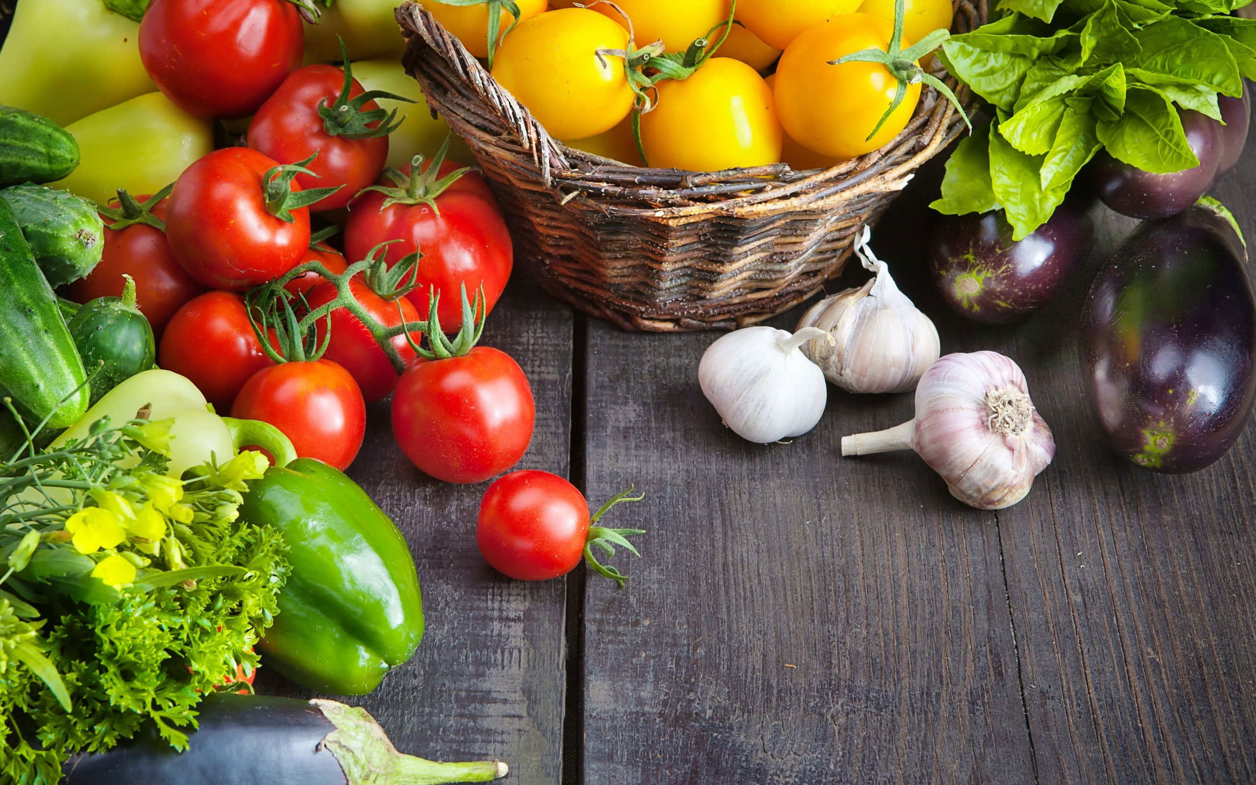 Fruits and vegetables wallpaper, food, tomatoes, eggplant
