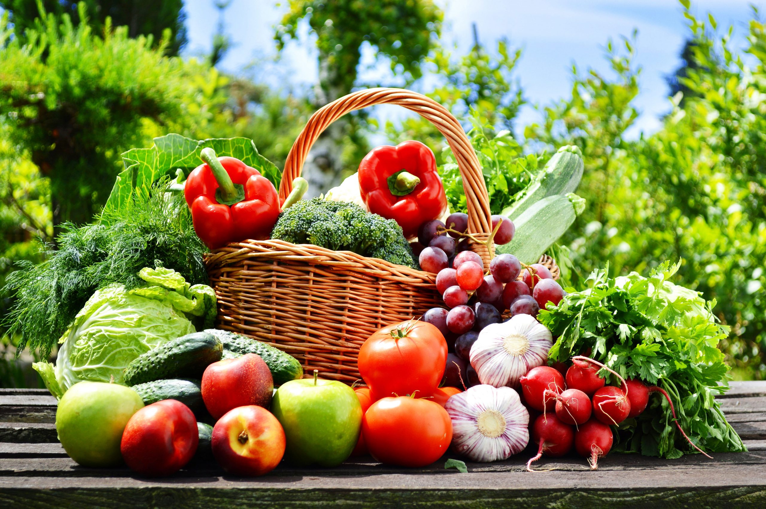 Fruits and vegetables wallpaper, nature, basket, apples, grapes