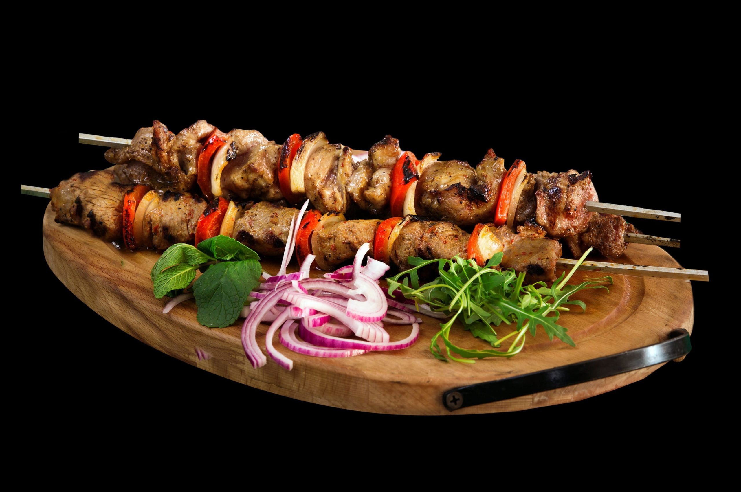 Kebab barbecues on brown wooden tray wallpaper, skewer, food, meat, restaurant