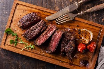 Meat wallpaper, food, steak, wood, muscles, death, cow, animals, tomatoes