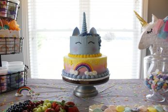 Unicorn wallpaper, cake, birthday, birthday cake, yellow, blue, rainbow