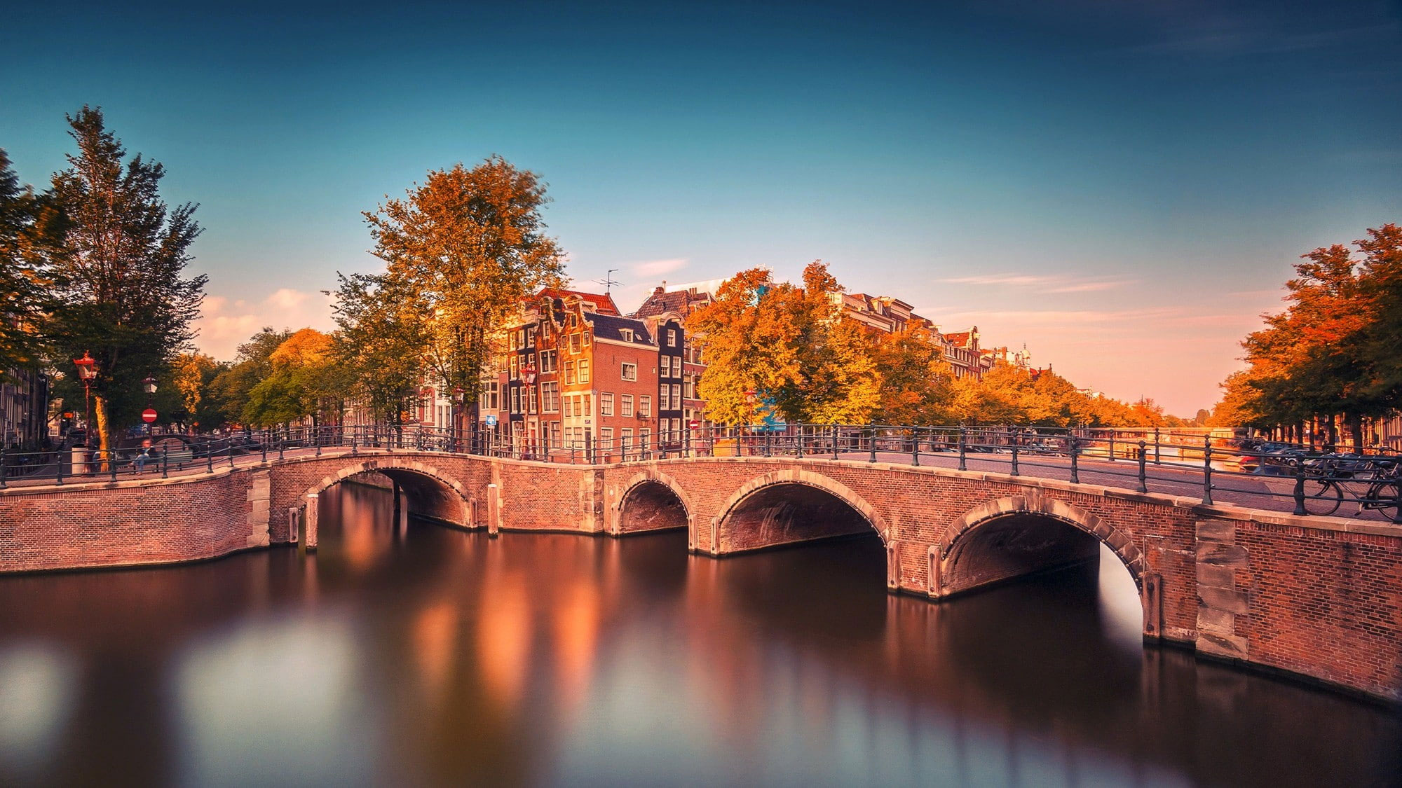 Amsterdam wallpaper, Nederland, bridge, fall, Buildings, trees, river, canal