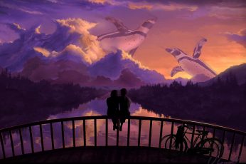Romantic couple bridge sunset art wallpaper, other love, penguins, bikes