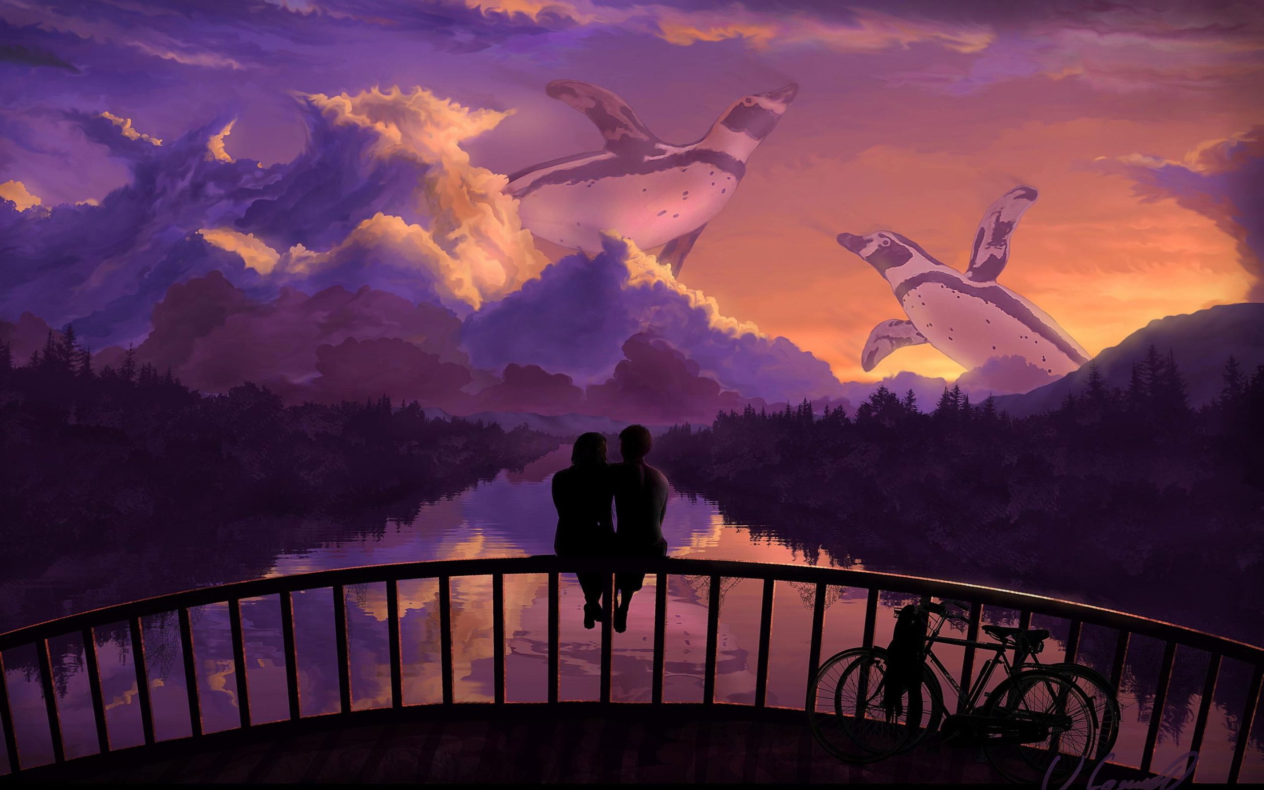 Romantic couple bridge sunset art wallpaper, other love, penguins, bikes