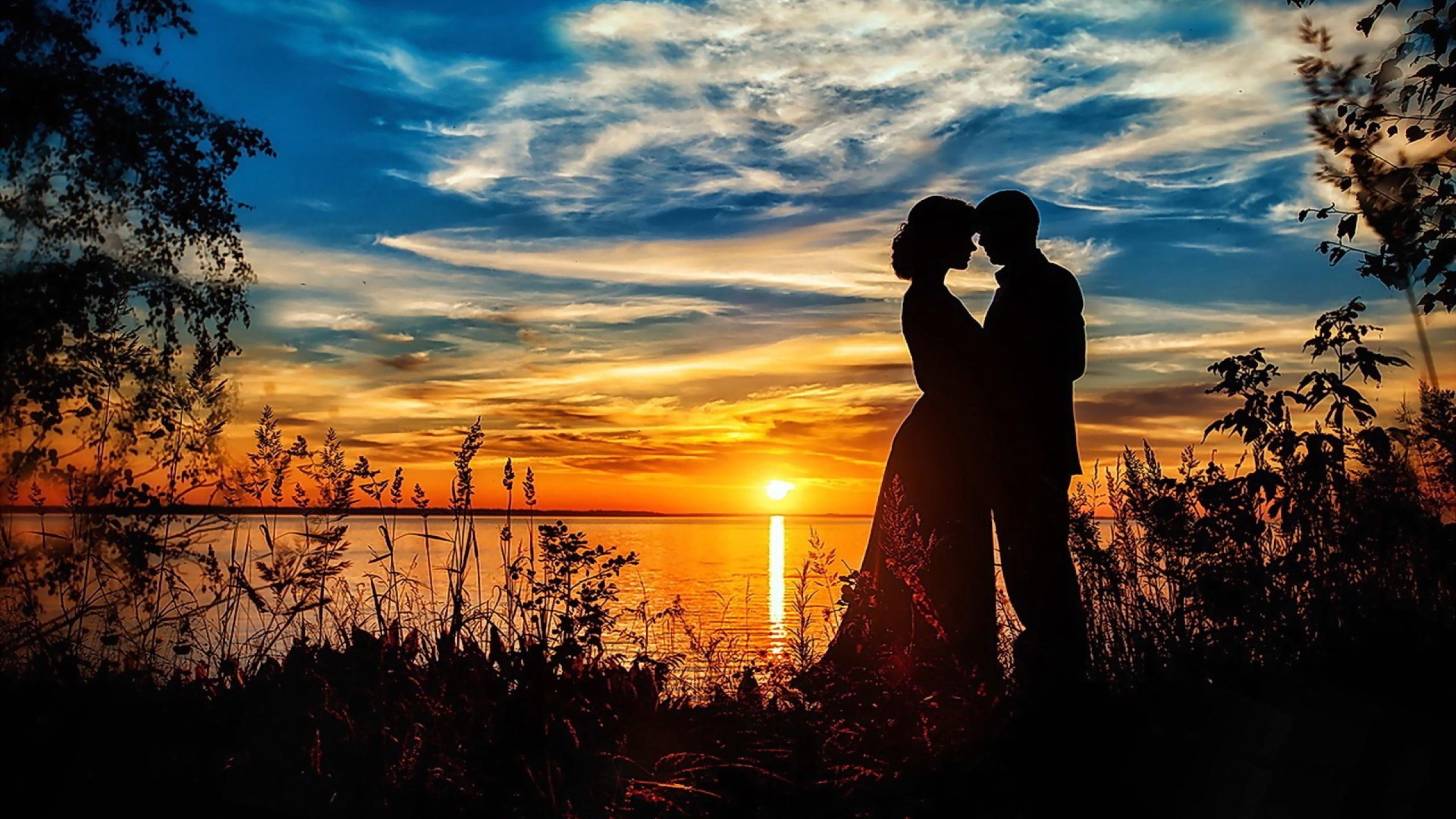 Couple wallpaper, love, sunset, lake, romantic