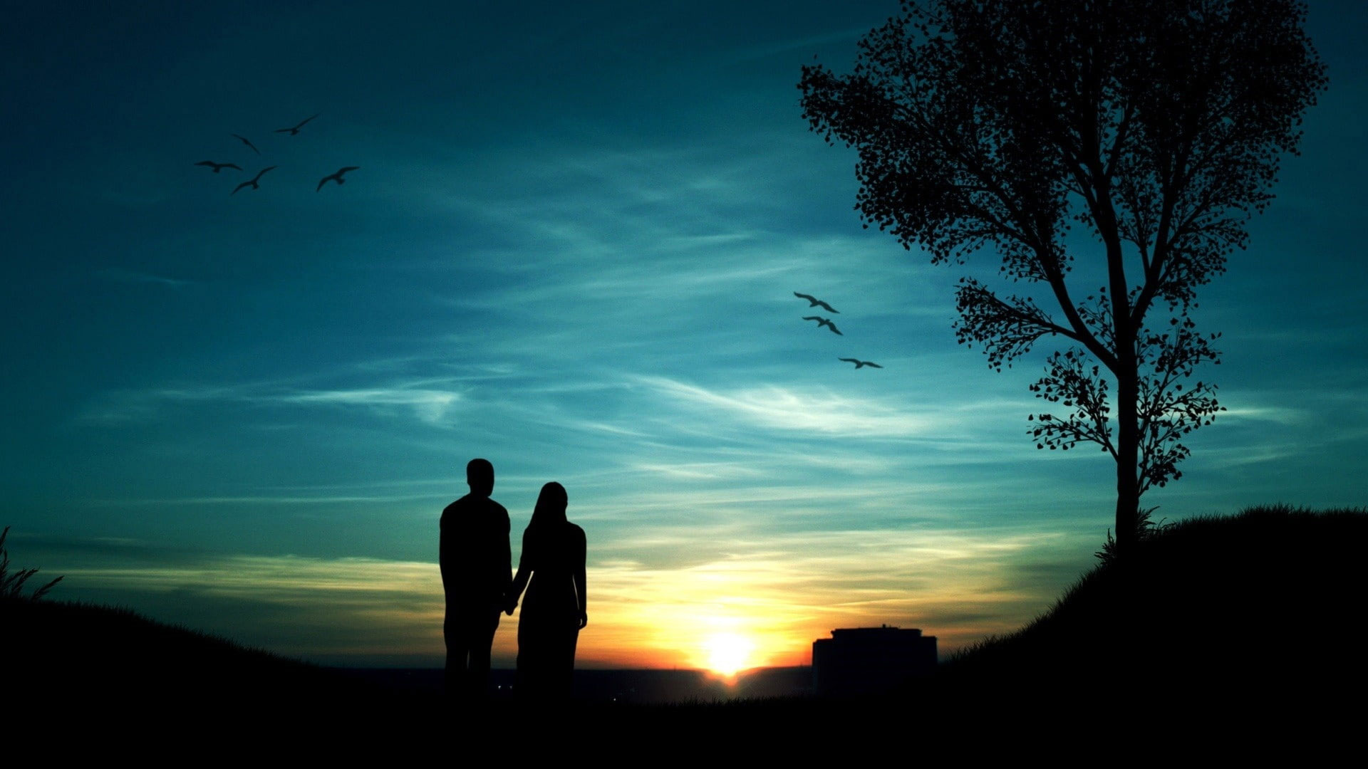 Romantic evening wallpaper, couples, trees, birds, sunset, silhouette