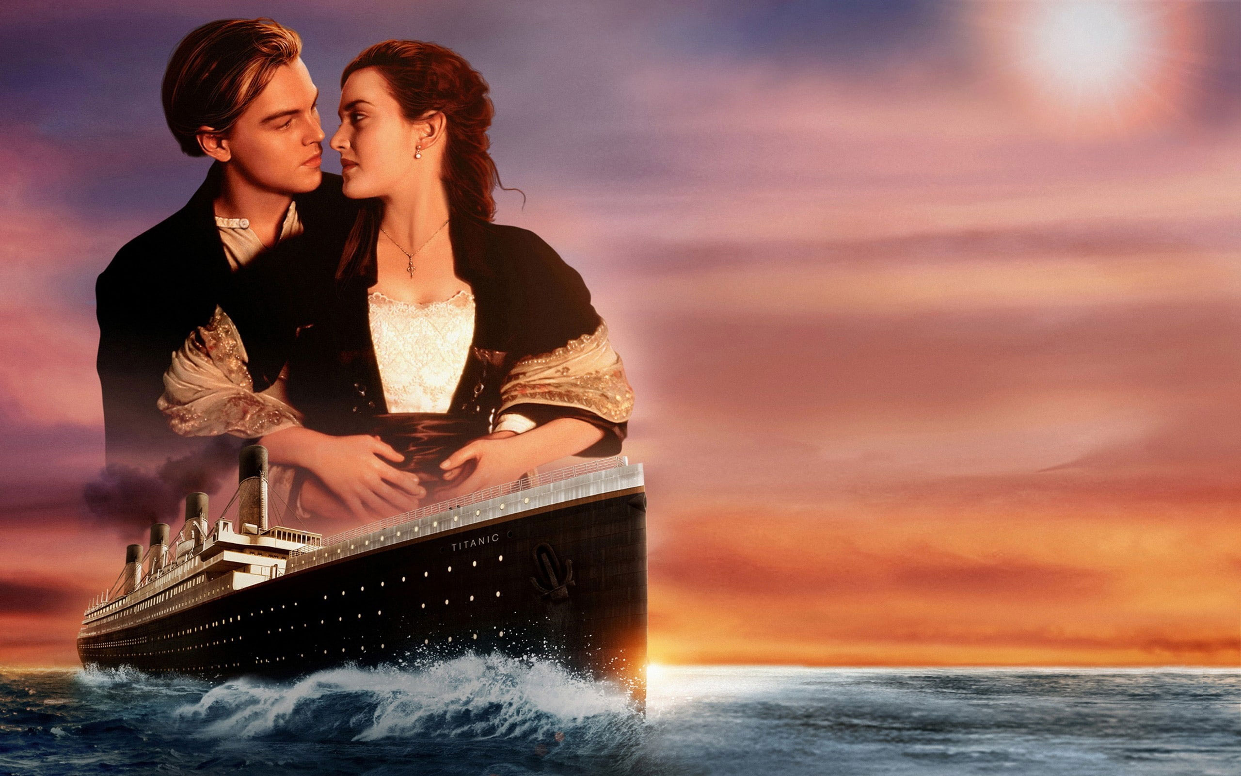 Titanic wallpaper, couple in love, Leonardo DiCaprio, Kate Winslet, Sunset