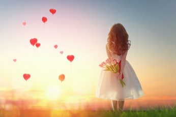 Pink tulips wallpaper, love, sunset, heart, girl, romantic, balloon, childhood