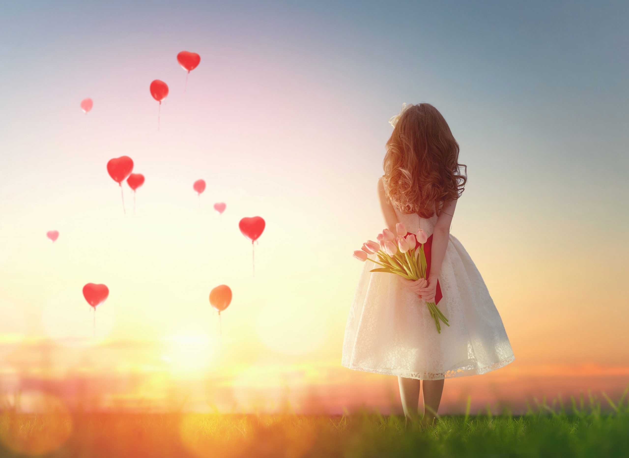 Pink tulips wallpaper, love, sunset, heart, girl, romantic, balloon, childhood